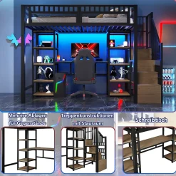 Okwish Lit Mezzanine 90x200 cm - Lit Ado Simple avec Bureau, Escalier Rangement et LED - Métal et MDF - sans Matelas - Noir