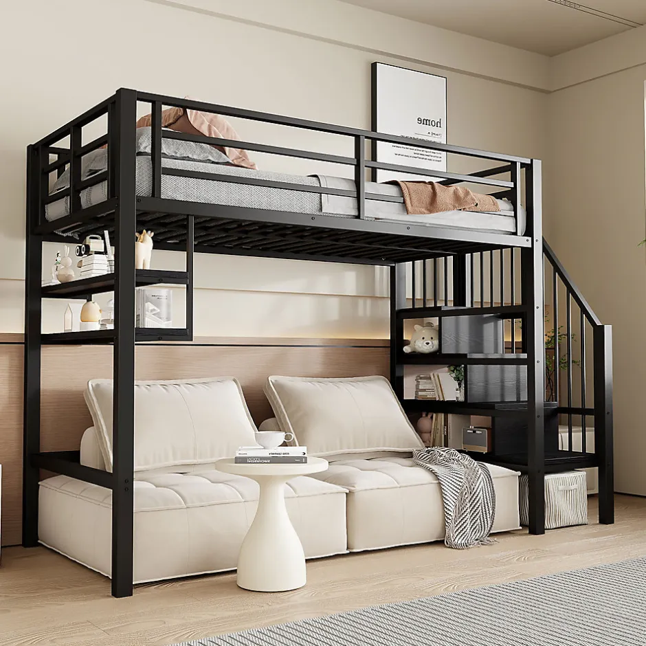 Okwish Lit mezzanine 90x200 cm - Lit avec rangement sous escalier et étagères intégrées - Métal et MDF - Sans matelas - Noir New
