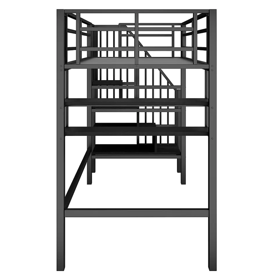 Okwish Lit mezzanine 90x200 cm - Lit avec rangement sous escalier et étagères intégrées - Métal et MDF - Sans matelas - Noir New