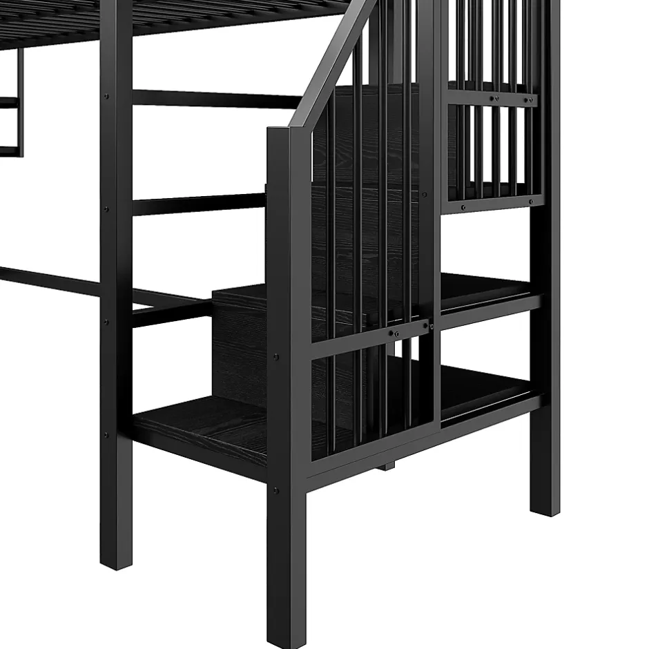 Okwish Lit mezzanine 90x200 cm - Lit avec rangement sous escalier et étagères intégrées - Métal et MDF - Sans matelas - Noir New