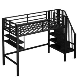 Okwish Lit mezzanine 90x200 cm - Lit avec rangement sous escalier et étagères intégrées - Métal et MDF - Sans matelas - Noir New
