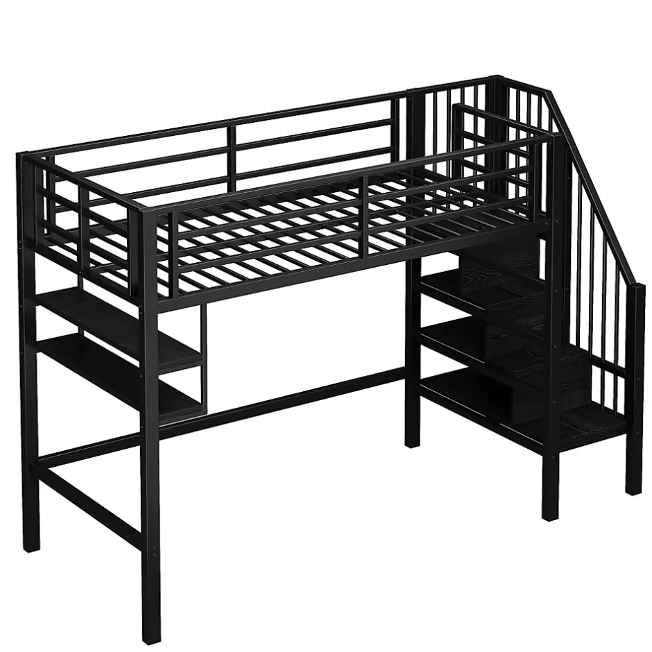 Okwish Lit mezzanine 90x200 cm - Lit avec rangement sous escalier et étagères intégrées - Métal et MDF - Sans matelas - Noir New