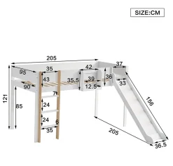 Okwish Lit mezzanine 90x200 cm - Lit avec échelle à 3 marches, toboggan et étagère amovible - Pin + MDF - Sans matelas - Blanc + Naturel Clearance