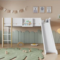 Okwish Lit mezzanine 90x200 cm - Lit avec échelle à 3 marches, toboggan et étagère amovible - Pin + MDF - Sans matelas - Blanc + Naturel Clearance