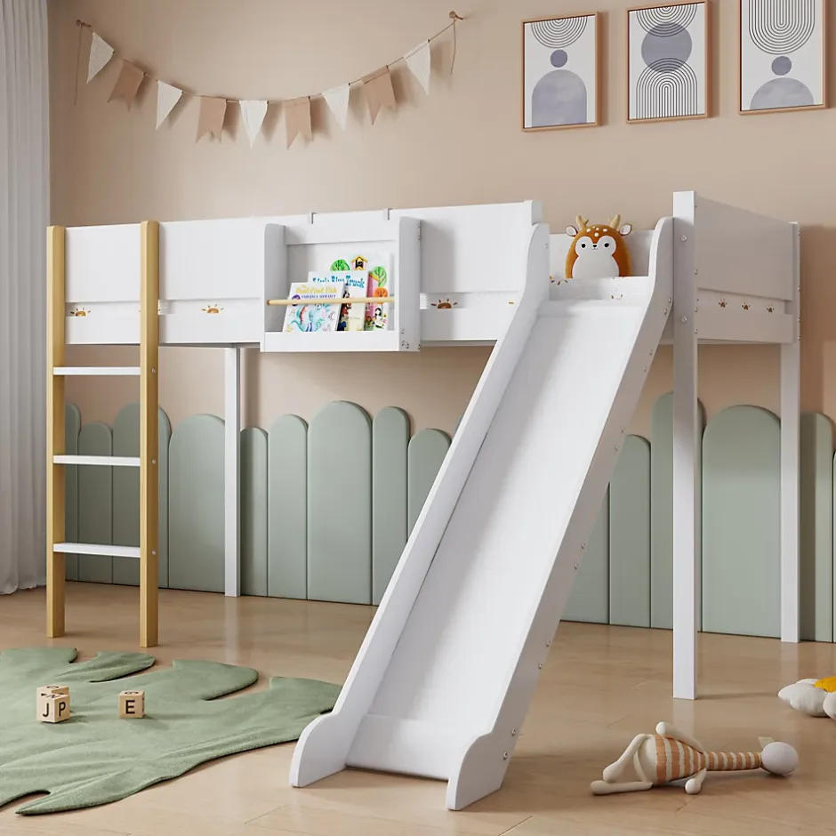 Okwish Lit mezzanine 90x200 cm - Lit avec échelle à 3 marches, toboggan et étagère amovible - Pin + MDF - Sans matelas - Blanc + Naturel Clearance