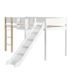 Okwish Lit mezzanine 90x200 cm - Lit avec échelle à 3 marches, toboggan et étagère amovible - Pin + MDF - Sans matelas - Blanc + Naturel Clearance