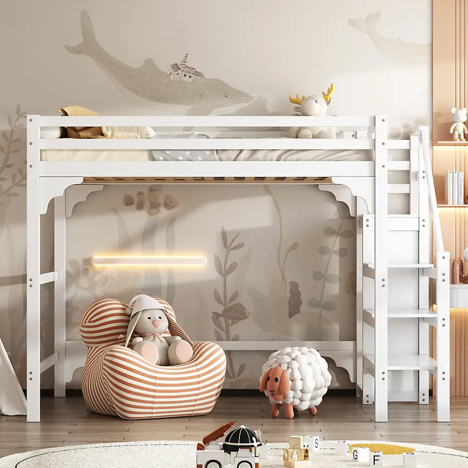 Generique Lit mezzanine 140x200 cm - Lit avec sommier à lattes et penderie - Pin + MDF - Sans matelas - Blanc