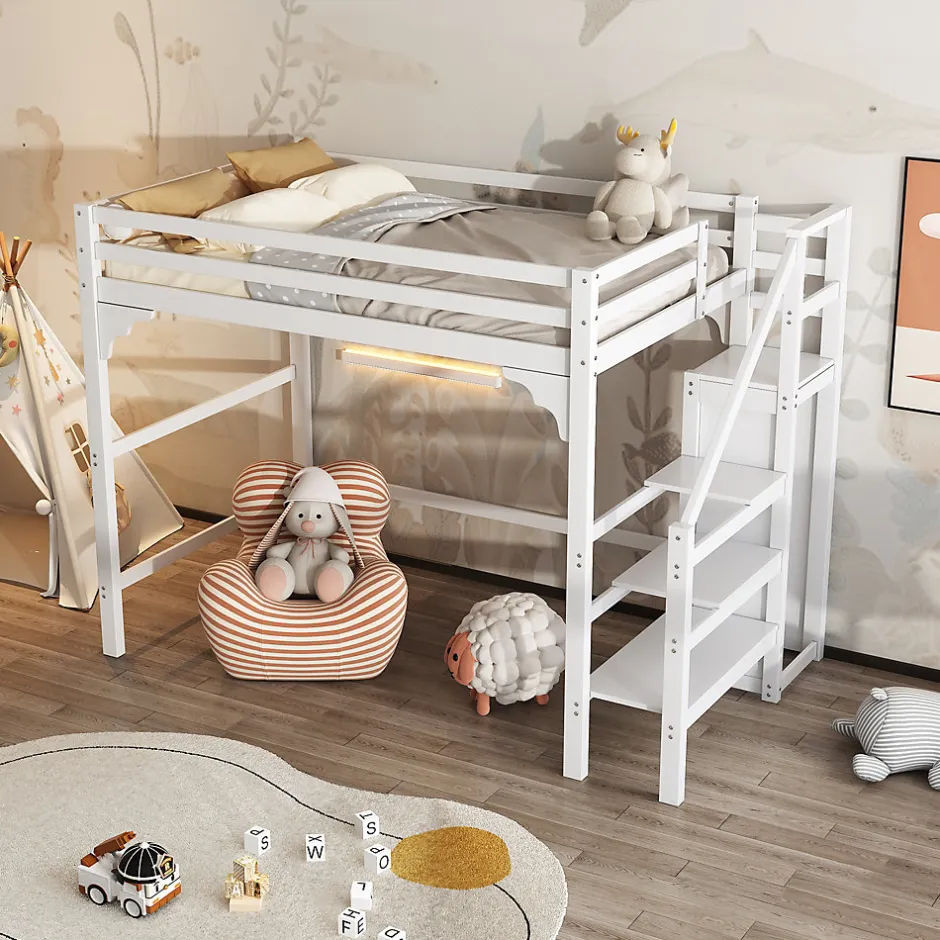 Generique Lit mezzanine 140x200 cm - Lit avec sommier à lattes et penderie - Pin + MDF - Sans matelas - Blanc