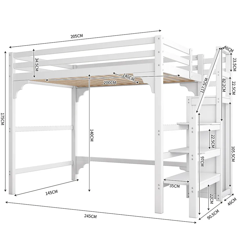 Generique Lit mezzanine 140x200 cm - Lit avec sommier à lattes et penderie - Pin + MDF - Sans matelas - Blanc