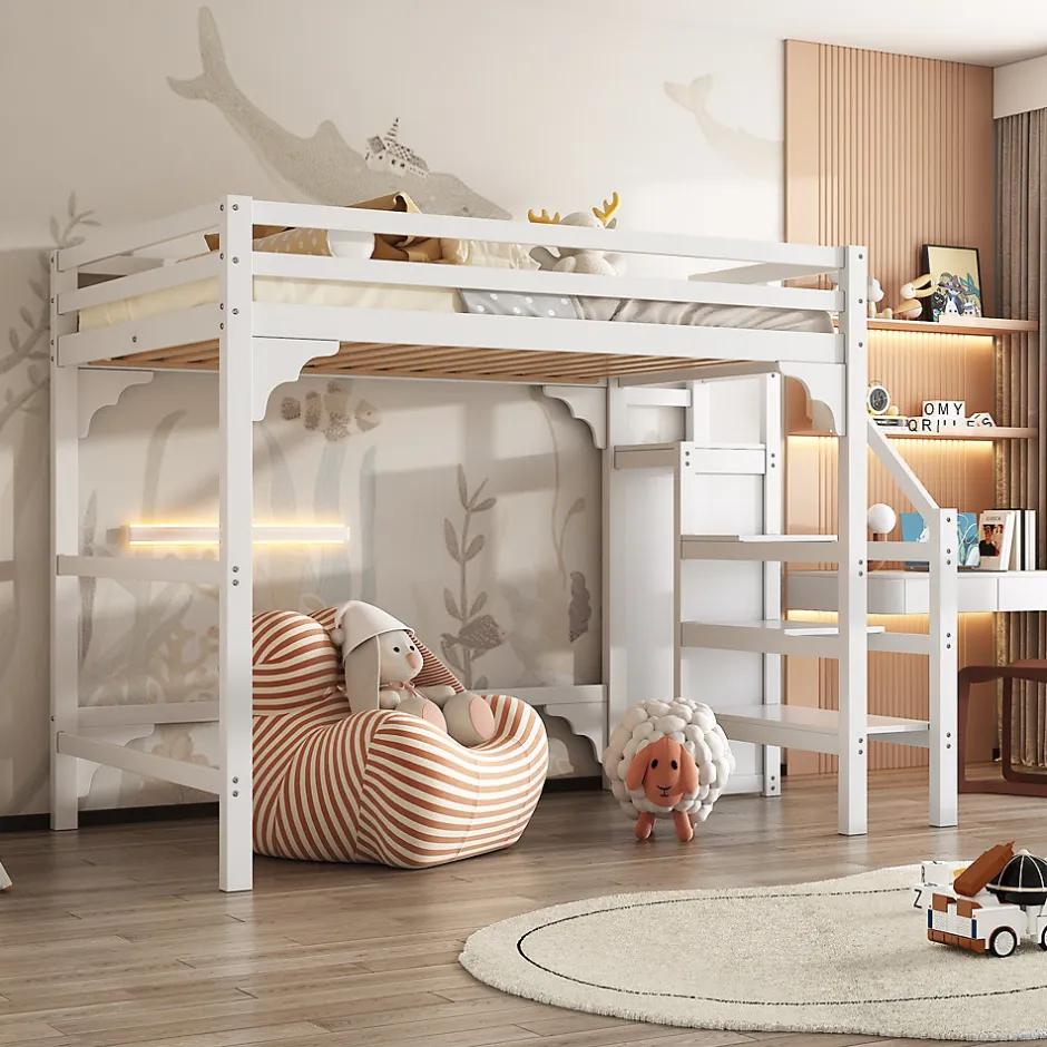 Generique Lit mezzanine 140x200 cm - Lit avec sommier à lattes et penderie - Pin + MDF - Sans matelas - Blanc