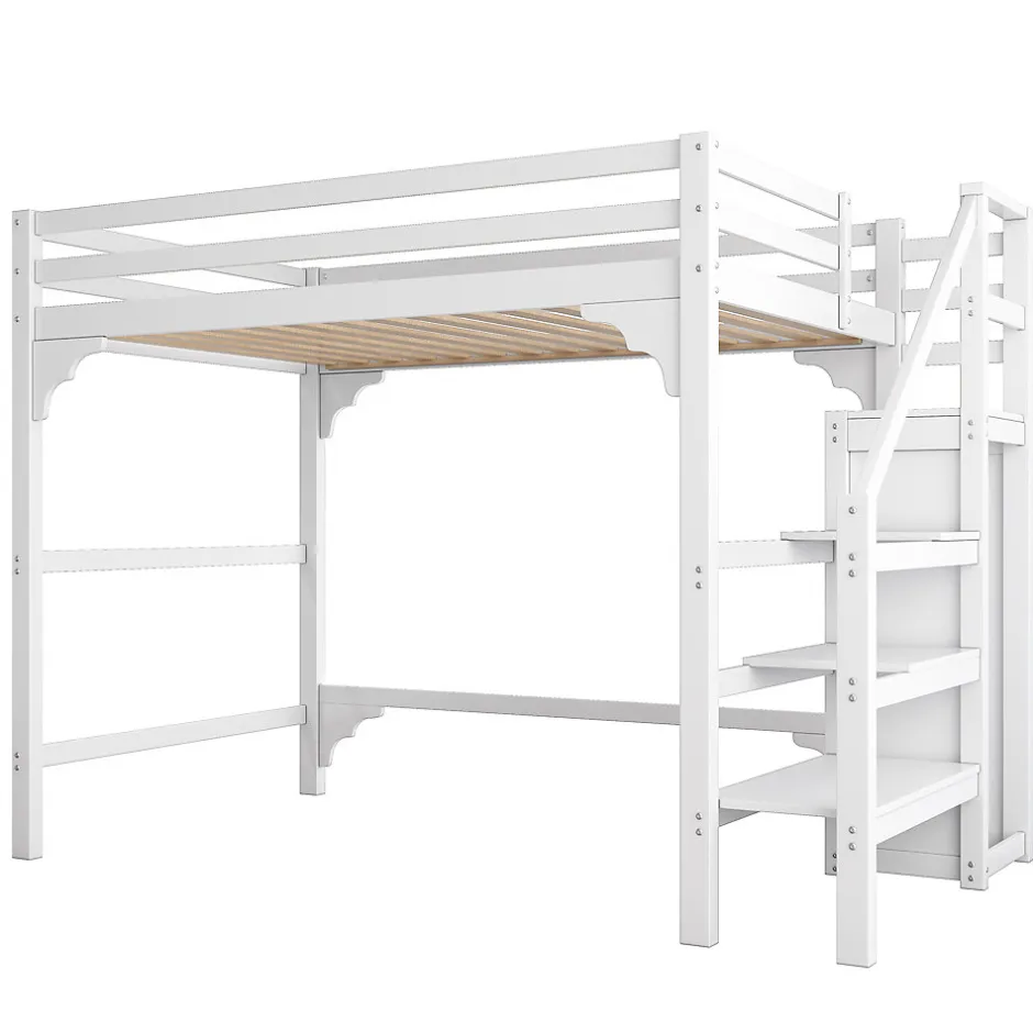 Generique Lit mezzanine 140x200 cm - Lit avec sommier à lattes et penderie - Pin + MDF - Sans matelas - Blanc