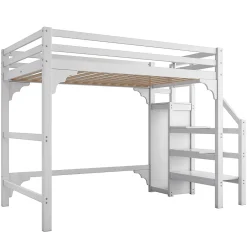 Generique Lit mezzanine 140x200 cm - Lit avec sommier à lattes et penderie - Pin + MDF - Sans matelas - Blanc