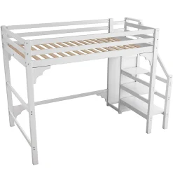 Generique Lit mezzanine 140x200 cm - Lit avec sommier à lattes et penderie - Pin + MDF - Sans matelas - Blanc