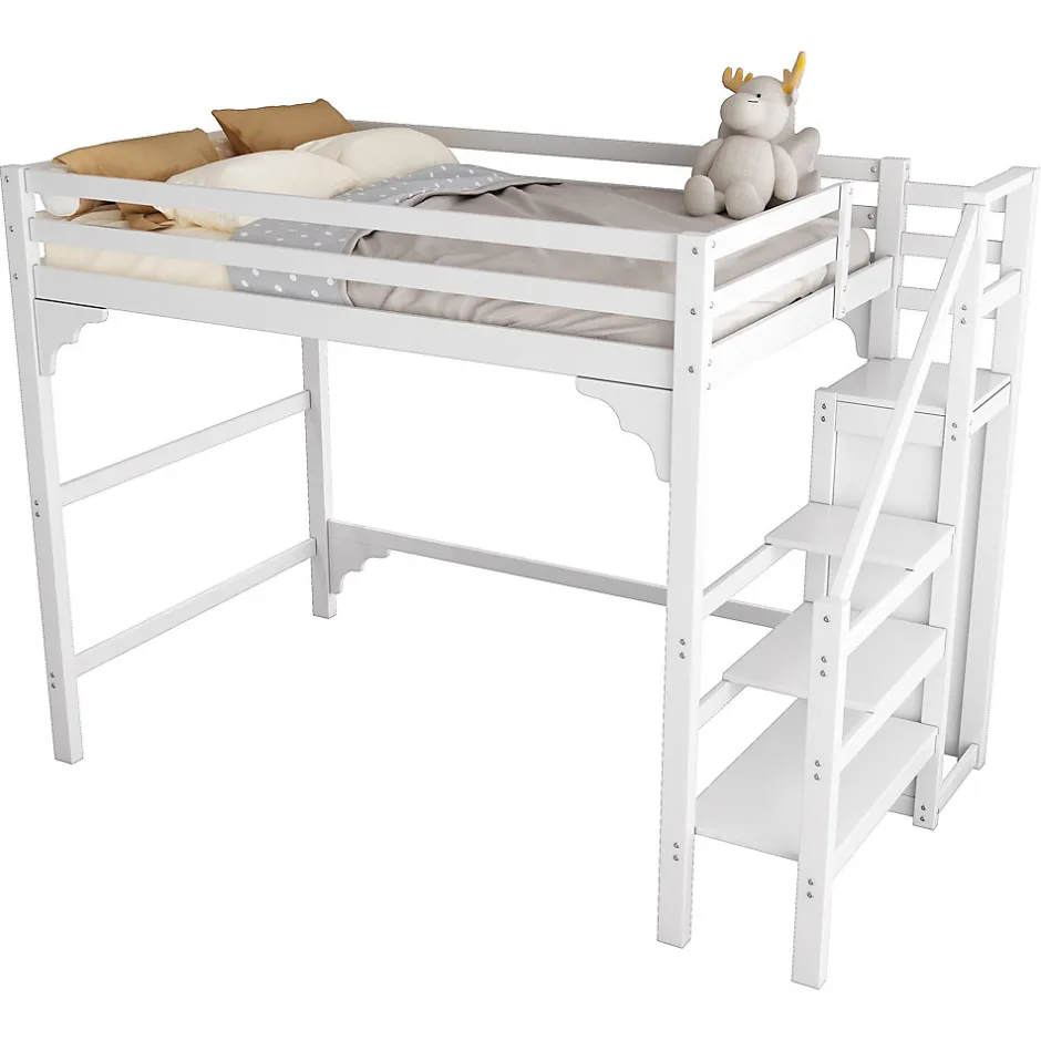 Generique Lit mezzanine 140x200 cm - Lit avec sommier à lattes et penderie - Pin + MDF - Sans matelas - Blanc