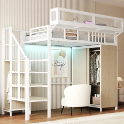 Okwish Lit Mezzanine 90x200 cm - Lit Ado avec Armoire et Éclairage LED, Garde-Corps en Filet - Sans Matelas - Métal et MDF - Blanc