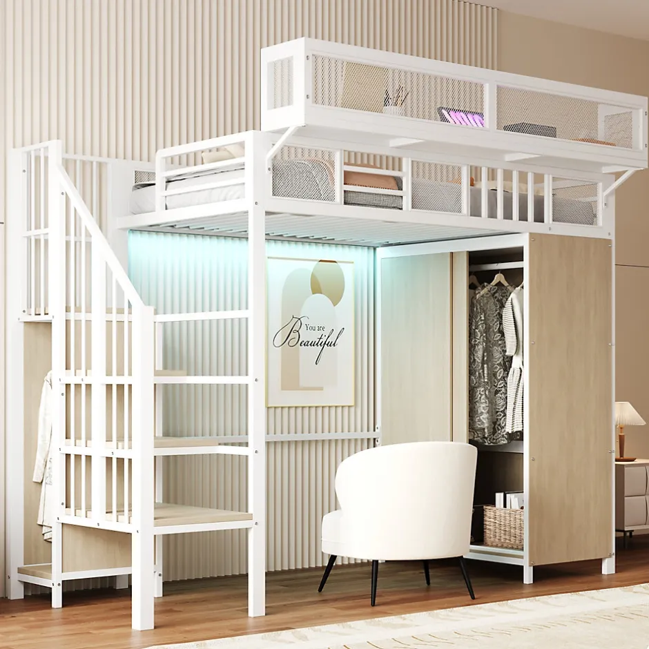 Okwish Lit Mezzanine 90x200 cm - Lit Ado avec Armoire et Éclairage LED, Garde-Corps en Filet - Sans Matelas - Métal et MDF - Blanc