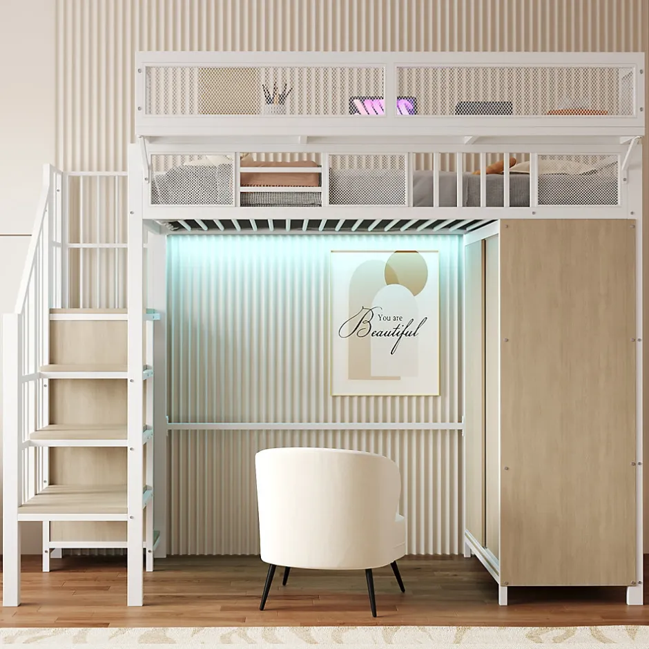 Okwish Lit Mezzanine 90x200 cm - Lit Ado avec Armoire et Éclairage LED, Garde-Corps en Filet - Sans Matelas - Métal et MDF - Blanc
