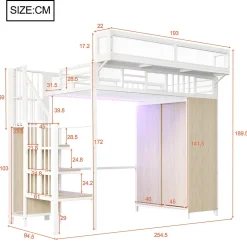 Okwish Lit Mezzanine 90x200 cm - Lit Ado avec Armoire et Éclairage LED, Garde-Corps en Filet - Sans Matelas - Métal et MDF - Blanc