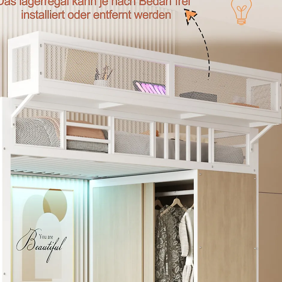 Okwish Lit Mezzanine 90x200 cm - Lit Ado avec Armoire et Éclairage LED, Garde-Corps en Filet - Sans Matelas - Métal et MDF - Blanc