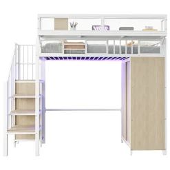 Okwish Lit Mezzanine 90x200 cm - Lit Ado avec Armoire et Éclairage LED, Garde-Corps en Filet - Sans Matelas - Métal et MDF - Blanc