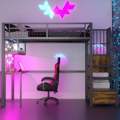 Okwish Lit Mezzanine 90x200 cm - Lit Ado avec Bureau et Armoire Intégrés, LED et Prise USB - Sans Matelas - Métal et MDF - Noir