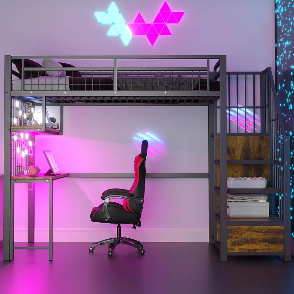 Okwish Lit Mezzanine 90x200 cm - Lit Ado avec Bureau et Armoire Intégrés, LED et Prise USB - Sans Matelas - Métal et MDF - Noir