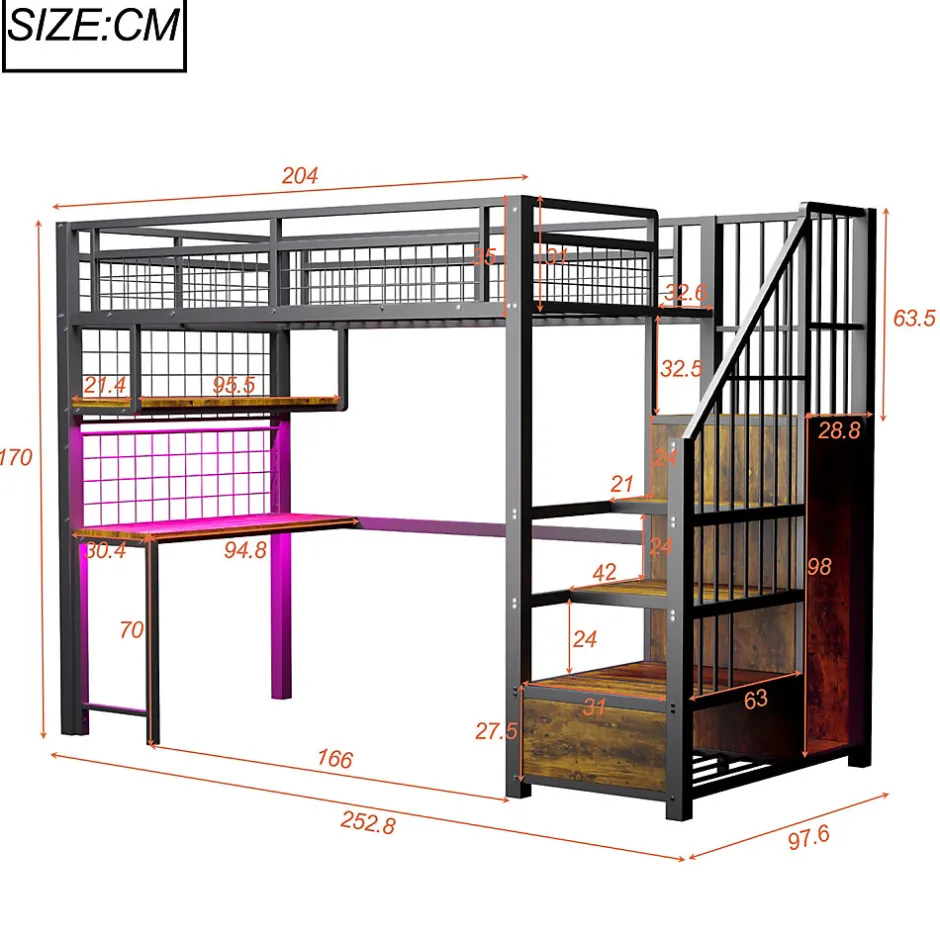 Okwish Lit Mezzanine 90x200 cm - Lit Ado avec Bureau et Armoire Intégrés, LED et Prise USB - Sans Matelas - Métal et MDF - Noir
