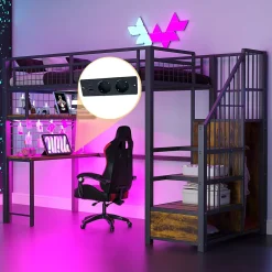 Okwish Lit Mezzanine 90x200 cm - Lit Ado avec Bureau et Armoire Intégrés, LED et Prise USB - Sans Matelas - Métal et MDF - Noir