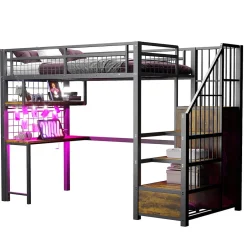 Okwish Lit Mezzanine 90x200 cm - Lit Ado avec Bureau et Armoire Intégrés, LED et Prise USB - Sans Matelas - Métal et MDF - Noir