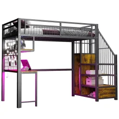 Okwish Lit Mezzanine 90x200 cm - Lit Ado avec Bureau et Armoire Intégrés, LED et Prise USB - Sans Matelas - Métal et MDF - Noir