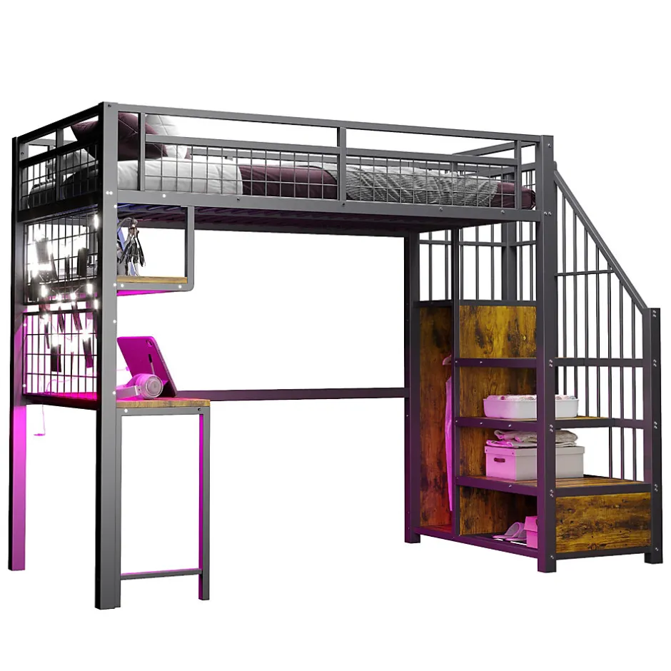 Okwish Lit Mezzanine 90x200 cm - Lit Ado avec Bureau et Armoire Intégrés, LED et Prise USB - Sans Matelas - Métal et MDF - Noir
