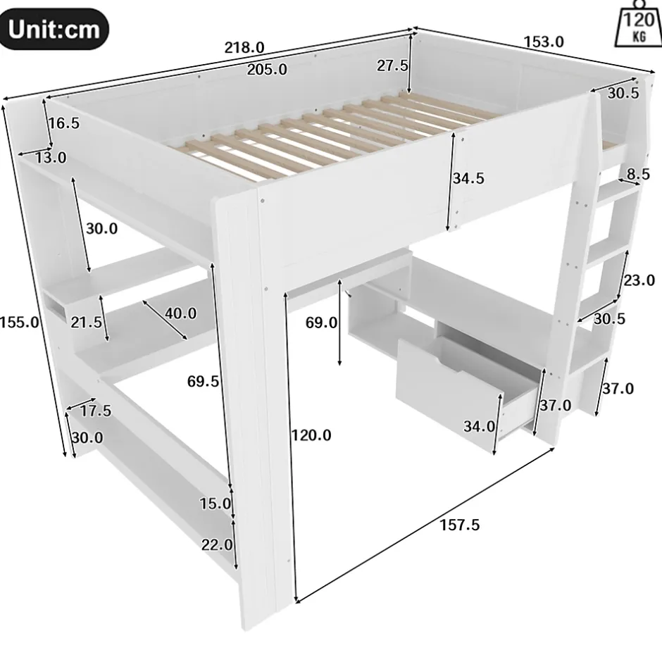 Okwish Lit mezzanine 140x200 cm - Lit avec bureau intégré et LED 16 s - Pin et MDF - Sans matelas - Blanc Online