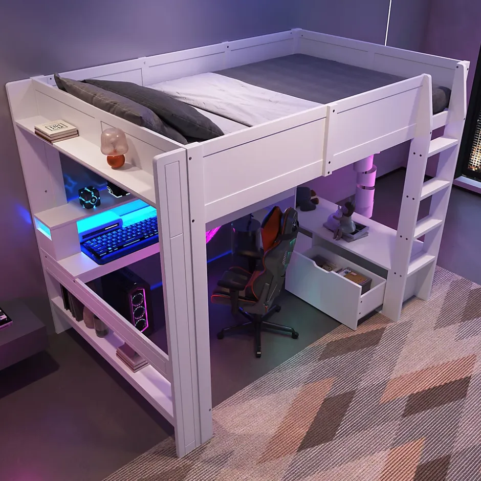 Okwish Lit mezzanine 140x200 cm - Lit avec bureau intégré et LED 16 s - Pin et MDF - Sans matelas - Blanc Online