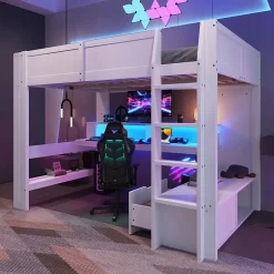 Okwish Lit mezzanine 140x200 cm - Lit avec bureau intégré et LED 16 s - Pin et MDF - Sans matelas - Blanc Online