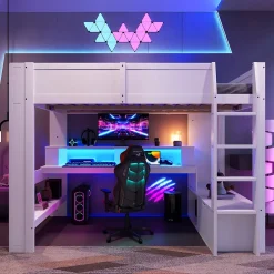 Okwish Lit mezzanine 140x200 cm - Lit avec bureau intégré et LED 16 s - Pin et MDF - Sans matelas - Blanc Online