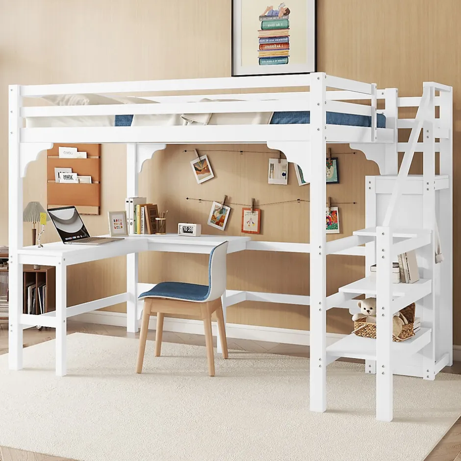 Okwish Lit Mezzanine 140x200 cm - Lit Combiné avec Bureau et Armoire ouverte, Lit Junior en Bois, Sans Matelas - Blanc