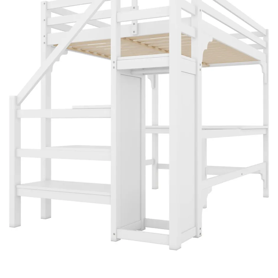 Okwish Lit Mezzanine 140x200 cm - Lit Combiné avec Bureau et Armoire ouverte, Lit Junior en Bois, Sans Matelas - Blanc