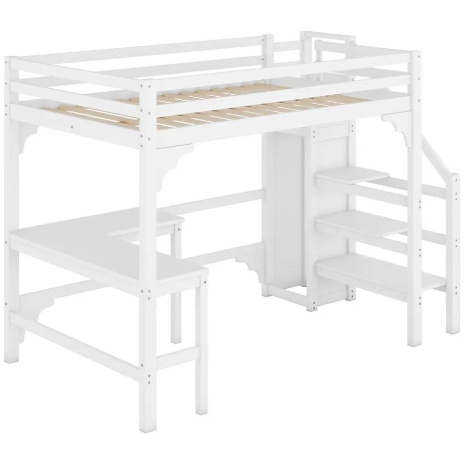 Okwish Lit Mezzanine 140x200 cm - Lit Combiné avec Bureau et Armoire ouverte, Lit Junior en Bois, Sans Matelas - Blanc