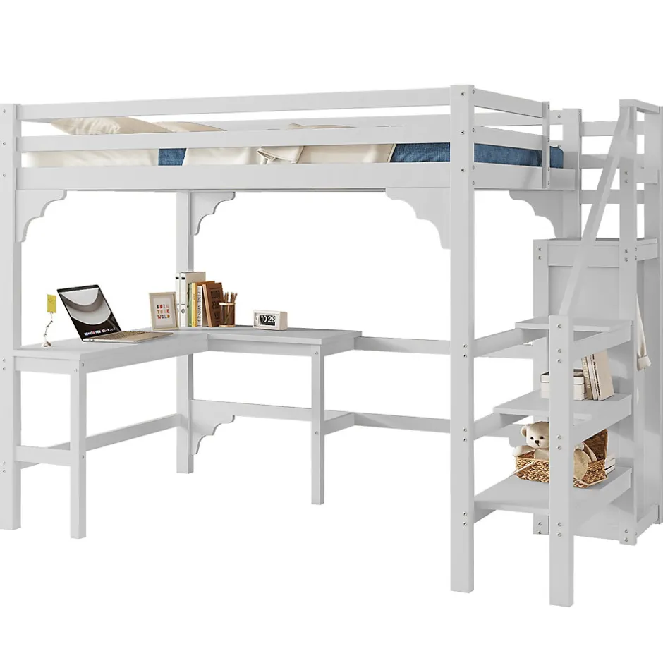 Okwish Lit Mezzanine 140x200 cm - Lit Combiné avec Bureau et Armoire ouverte, Lit Junior en Bois, Sans Matelas - Blanc