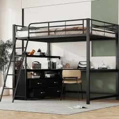 Generique Lit Mezzanine 140x200 cm - Lit Double avec Bureau en L et Rangements Intégrés - Métal + MDF - Sans Matelas - Noir