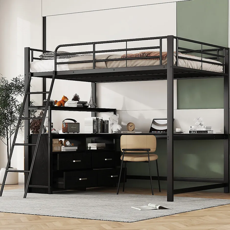 Generique Lit Mezzanine 140x200 cm - Lit Double avec Bureau en L et Rangements Intégrés - Métal + MDF - Sans Matelas - Noir