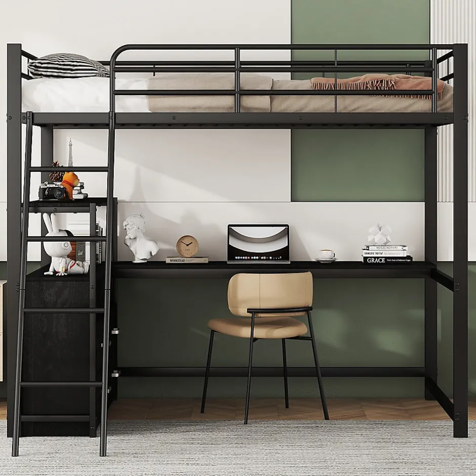Generique Lit Mezzanine 140x200 cm - Lit Double avec Bureau en L et Rangements Intégrés - Métal + MDF - Sans Matelas - Noir