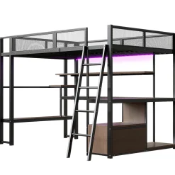 Okwish Lit Mezzanine 140x200 cm - Lit Double avec LED Intégrée et Bureau, Garde-Corps Sécurisé, sans Matelas - Métal Noir Hot
