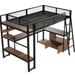 Okwish Lit Mezzanine 140x200 cm - Lit Double avec LED Intégrée et Bureau, Garde-Corps Sécurisé, sans Matelas - Métal Noir Hot