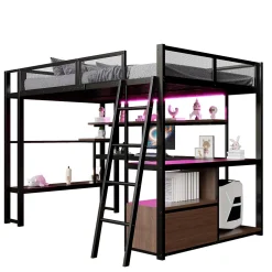 Okwish Lit Mezzanine 140x200 cm - Lit Double avec LED Intégrée et Bureau, Garde-Corps Sécurisé, sans Matelas - Métal Noir Hot