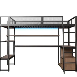Okwish Lit Mezzanine 140x200 cm - Lit Double avec LED Intégrée et Bureau, Garde-Corps Sécurisé, sans Matelas - Métal Noir Hot