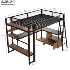 Okwish Lit Mezzanine 140x200 cm - Lit Double avec LED Intégrée et Bureau, Garde-Corps Sécurisé, sans Matelas - Métal Noir Hot