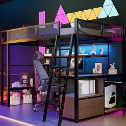 Okwish Lit Mezzanine 140x200 cm - Lit Double avec LED Intégrée et Bureau, Garde-Corps Sécurisé, sans Matelas - Métal Noir Hot