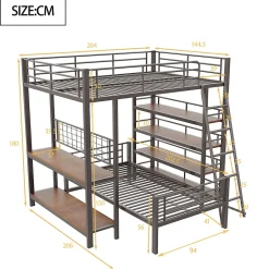 Okwish Lit mezzanine 140x200 cm - Lit double avec rangement multifonction, structure métal et MDF avec étagères - Sans matelas - Noir Best