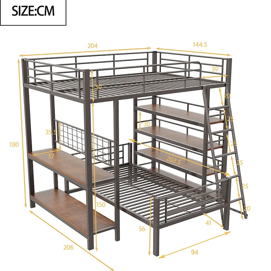 Okwish Lit mezzanine 140x200 cm - Lit double avec rangement multifonction, structure métal et MDF avec étagères - Sans matelas - Noir Best